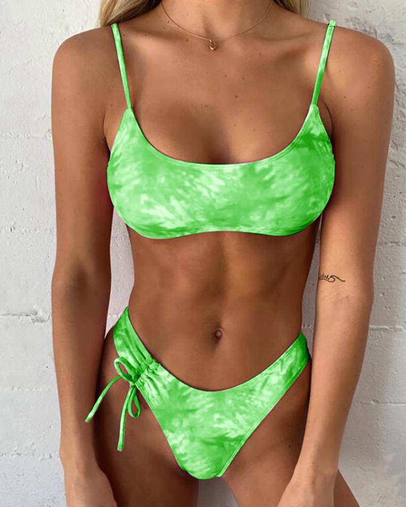 

U Neck Tie Dye Print Bikini Set, Green