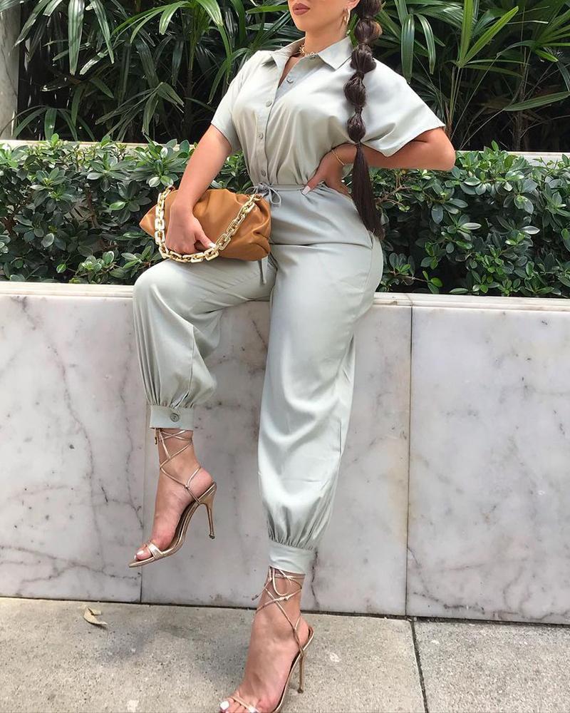 

Button Design Short Sleeve Casual Jumpsuit, Light green