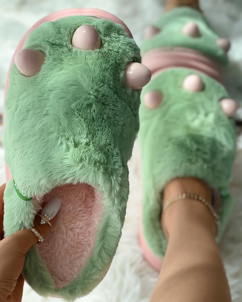 

Cartoon Pattern Fuzzy Slippers, Green