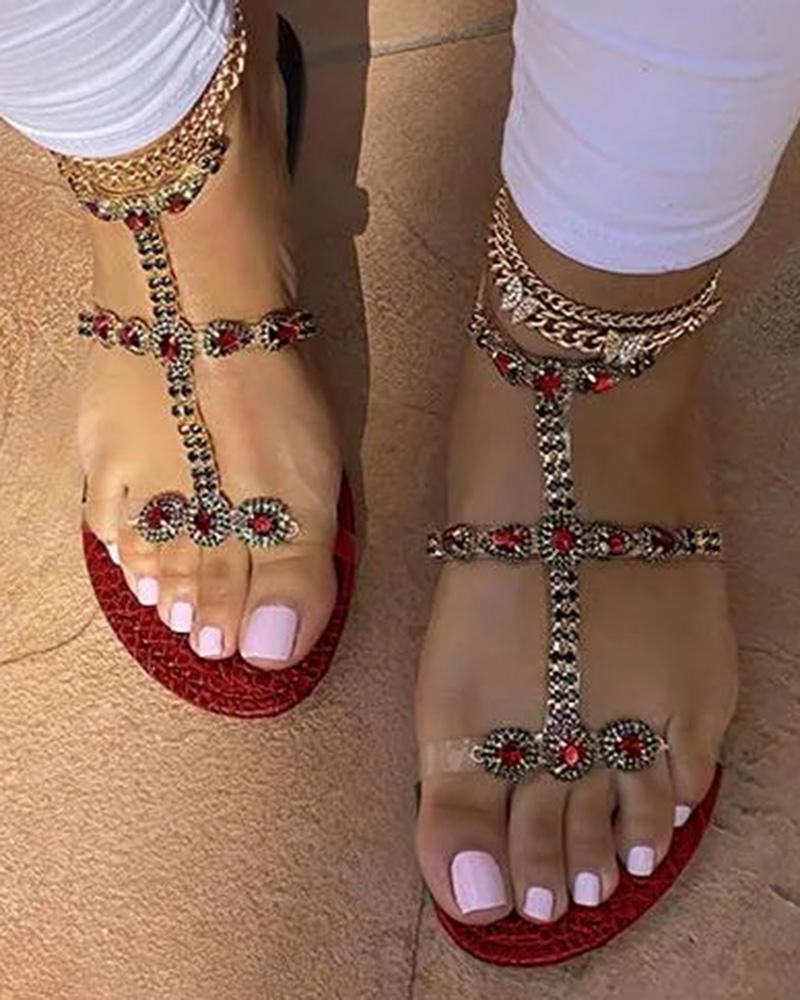 

Bohemian Rhinestone Slingback Clear Strap Beach Sandals, Red