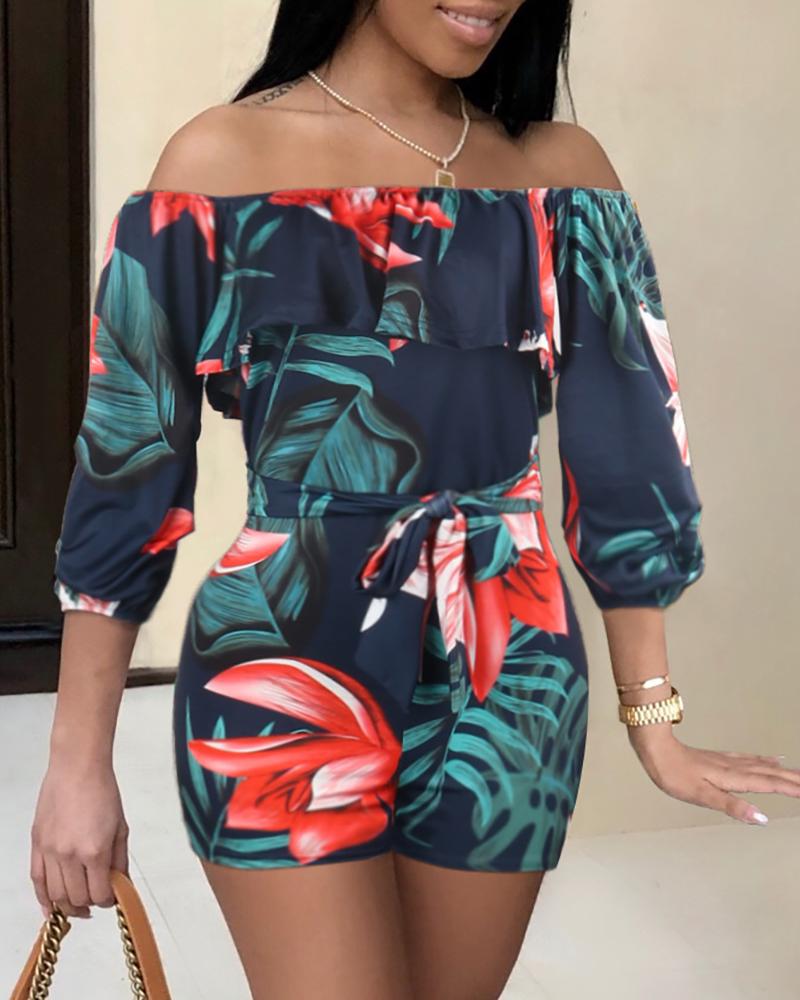 

Off Shoulder Floral Tie Dye Print Ruffles Romper, Green