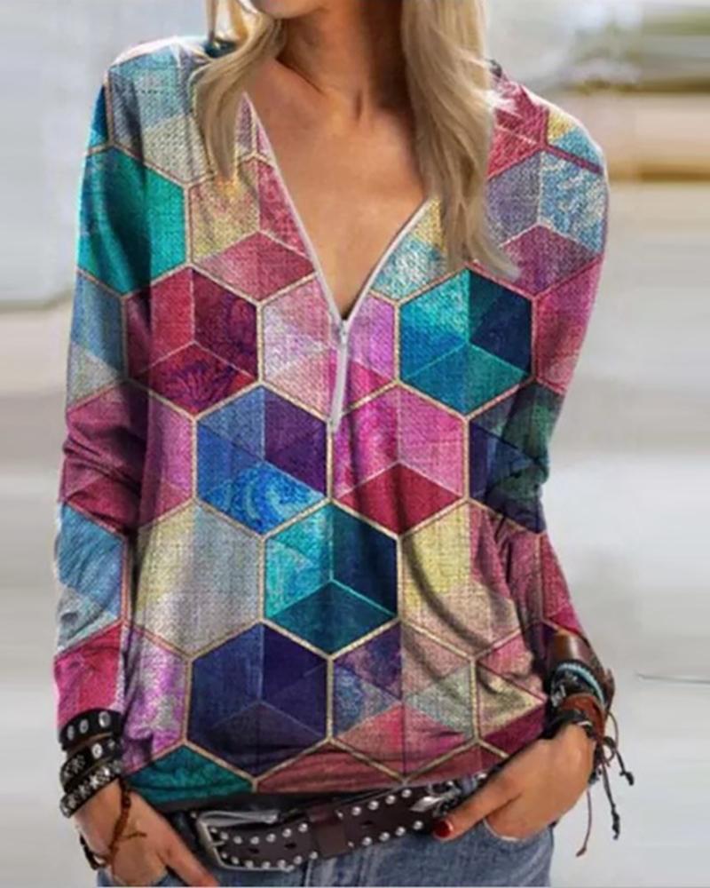 

Abstract Print Long Sleeve Zipper Design Top, Hot pink