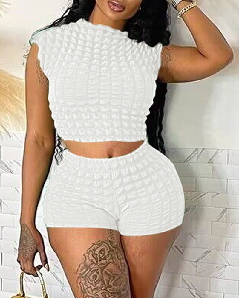 

Textured Cap Sleeve Crop Top & Shorts Set, White