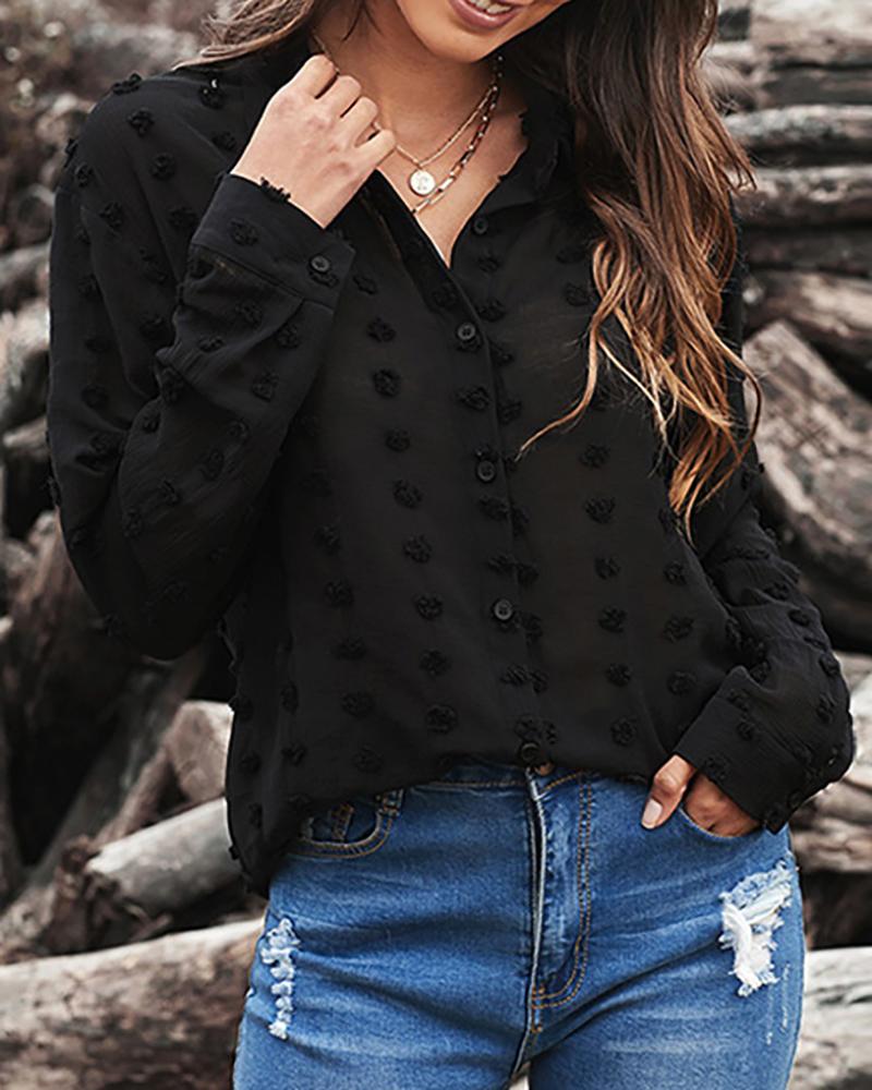 

Long Sleeve Swiss Dot Button Design Top, Black