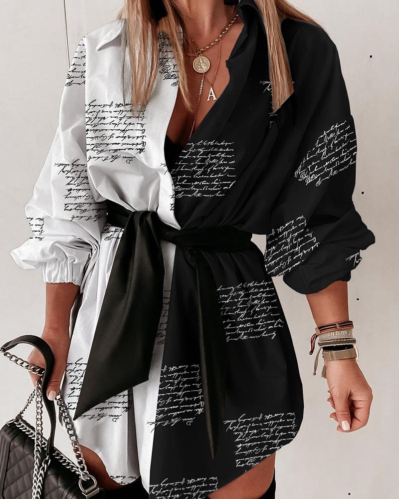 

Letter Print Colorblock Lantern Sleeve Shirt Dress With Belt, Black