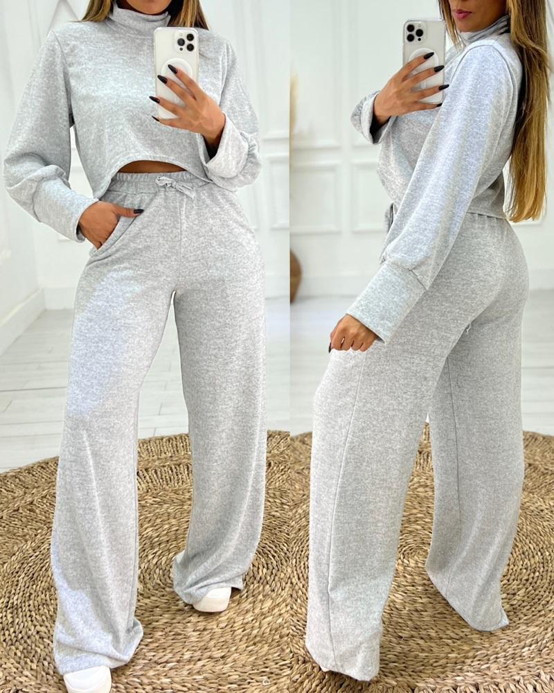 

Long Sleeve Top & Drawstring Pocket Design Pants Set, Gray