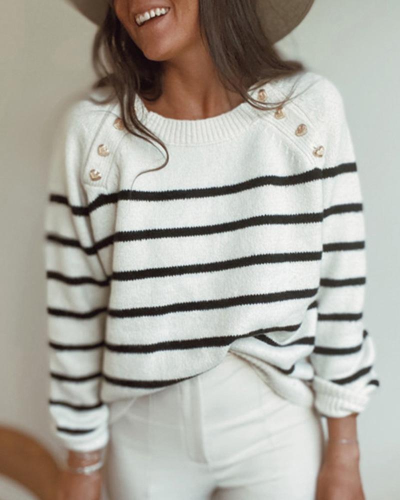 

Button Decor Striped Print Long Sleeve Sweater, White