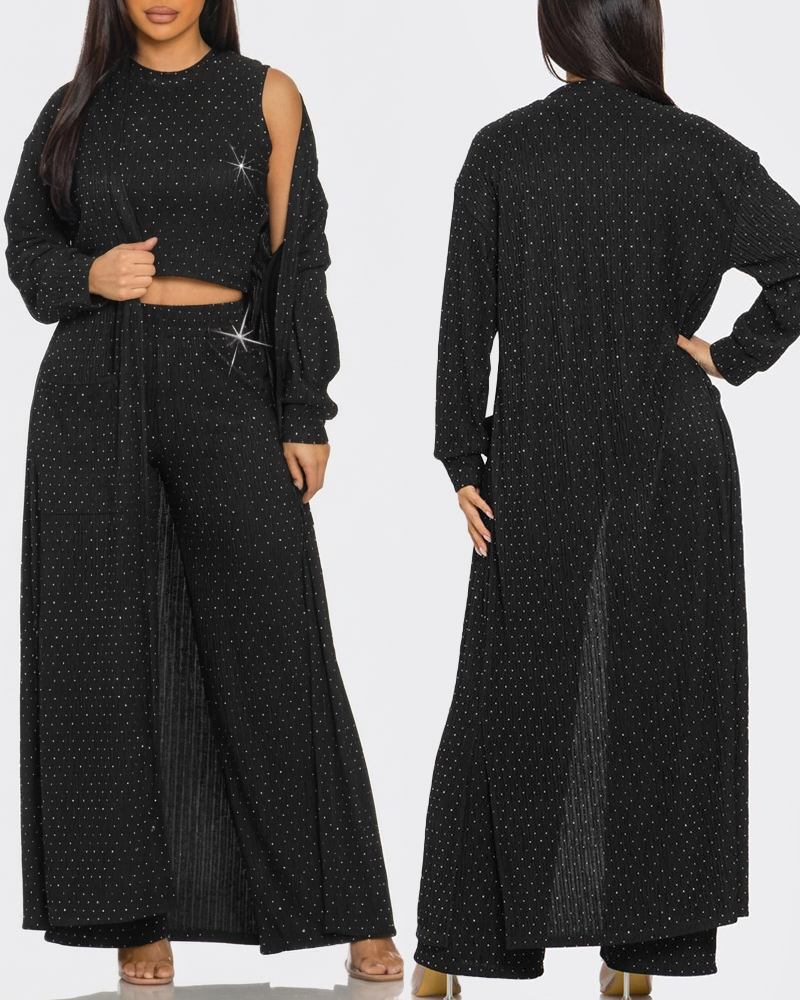 

Ensemble 3 pièces : manteau long à paillettes à manches longues, débardeur court en maille côtelée et pantalon large., Black