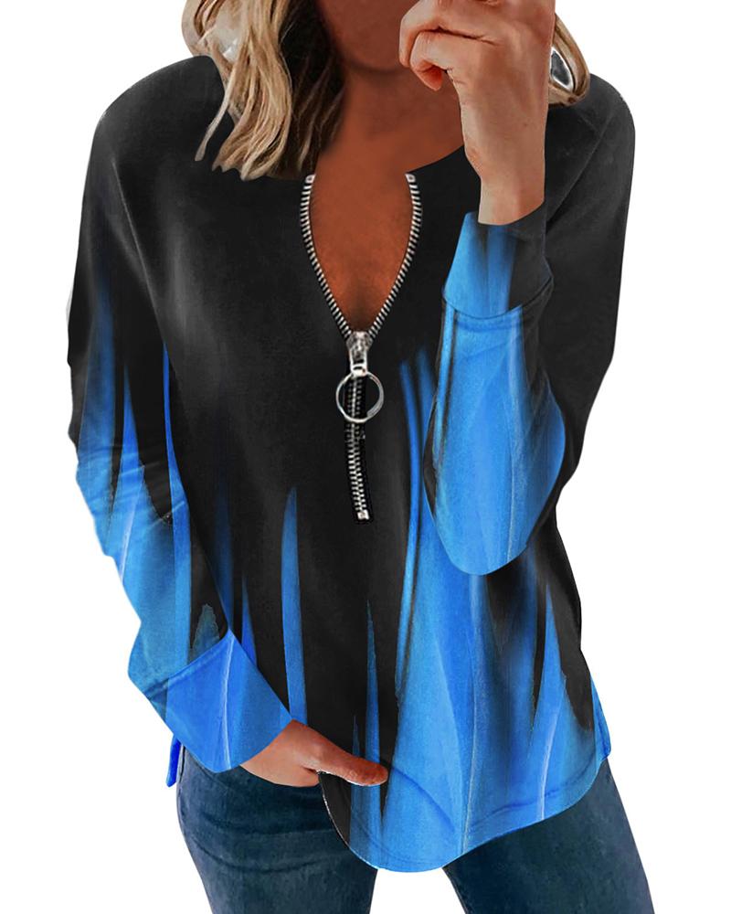 

Colorblock Zipper Design Long Sleeve Top, Blue