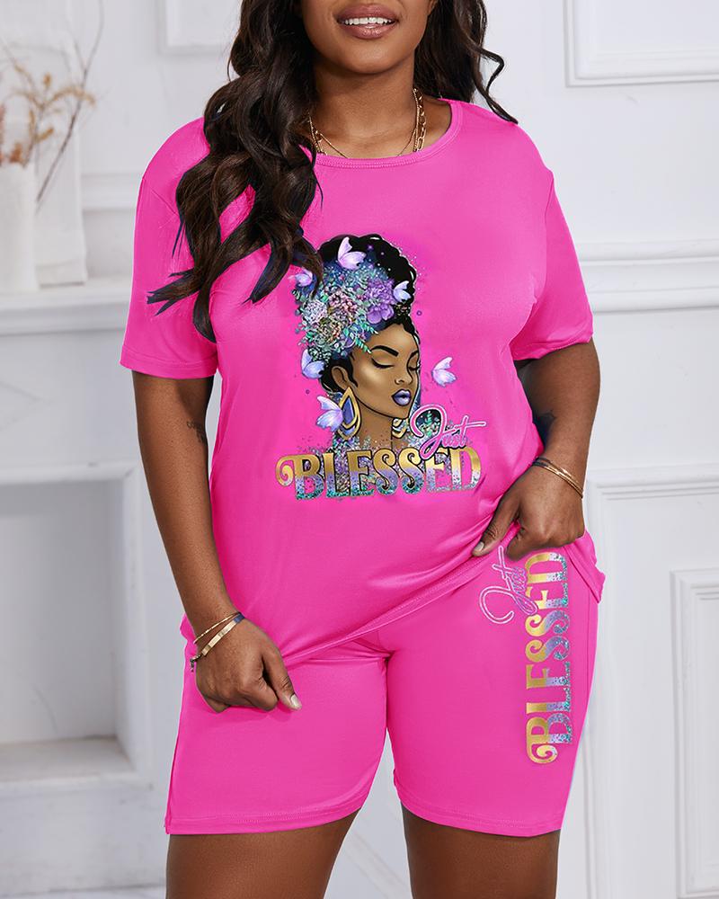 

Plus Size Just Blessed Figure Print Casual T-shirt & Shorts Set, Hot pink