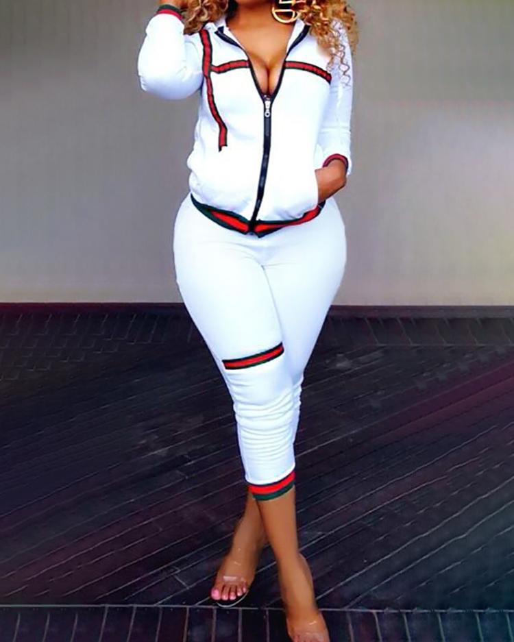 

Trendy Zipper Up Casual Pantsuit, White