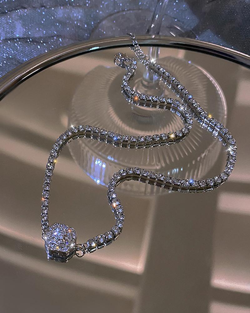 

Allover Rhinestone Decor Floral Pattern Necklace, Silver