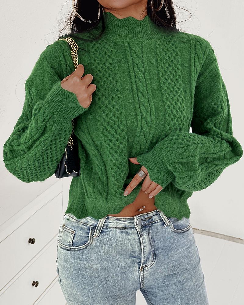 

Asymmetrical Mock Neck Braided Knit Sweater, Green