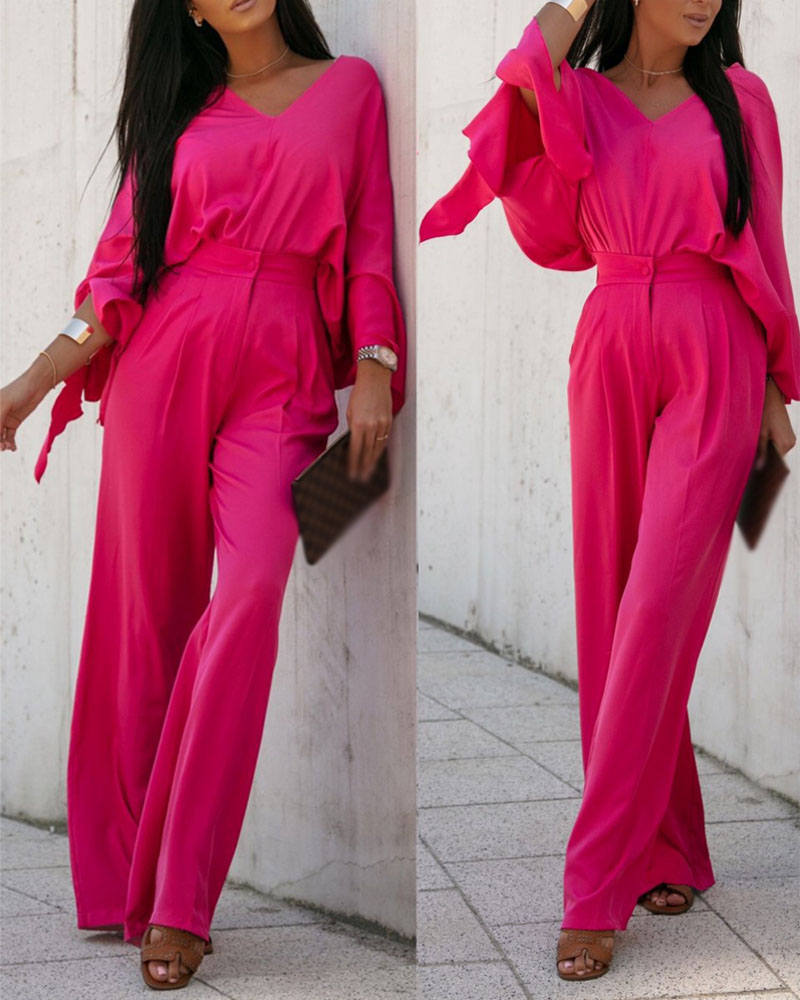 

Tied Detail Batwing Sleeve Top & High Waist Pants Set, Hot pink