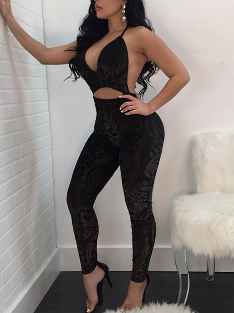 

Sexy Halter Cutout Open Back Jumpsuit, Black