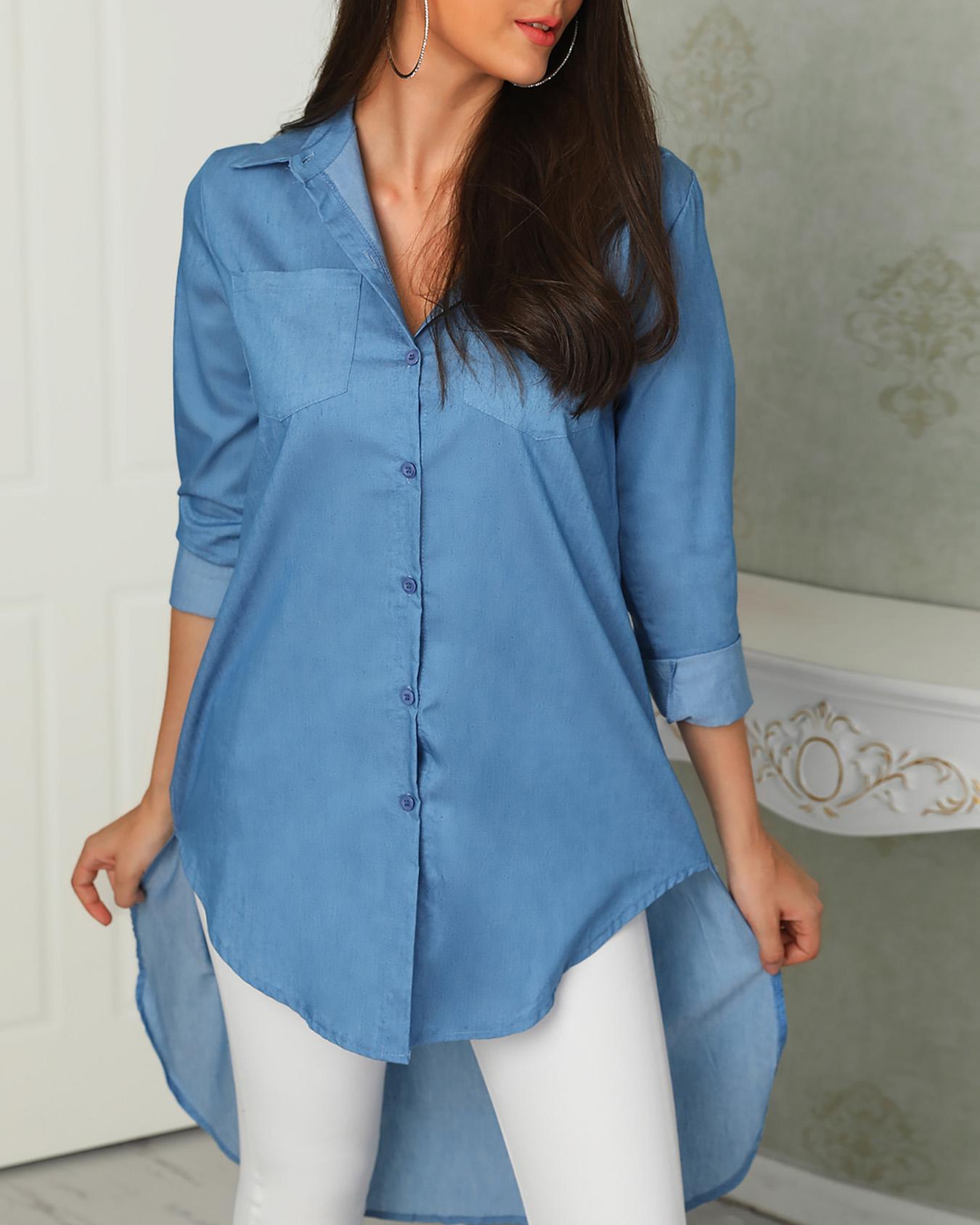 

Denim Solid Button Dip Hem Blouse, Light blue