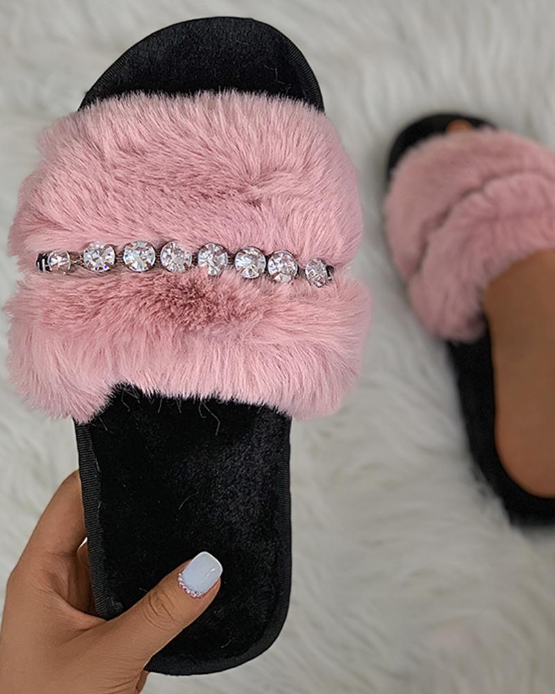 

Rhinestone Fluffy Peep Toe Slippers, Pink