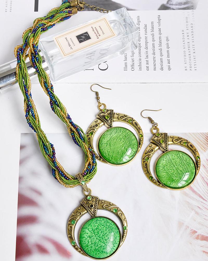 

2pcs Round Gem Stone Necklace & Drop Earrings Bohemian Jewelry Set, Green