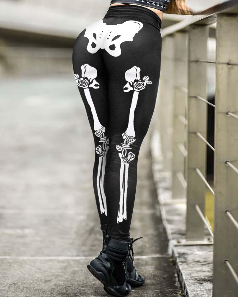 

Halloween Skeleton Print High Waist Skinny Pants, Black