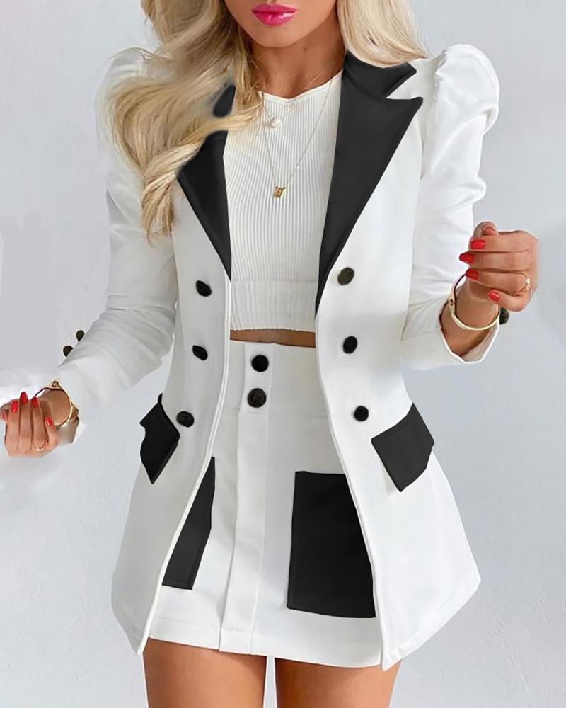 

Puff Sleeve Blazer Coat & Buttoned Skirt Set, White