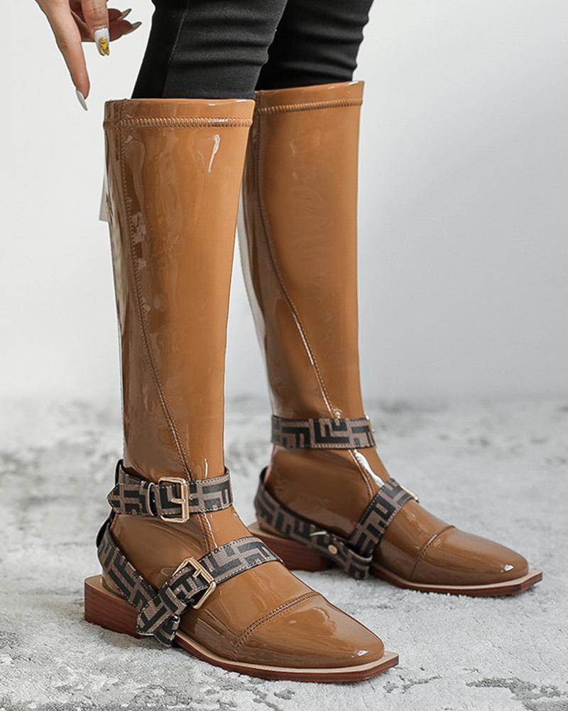 

Splicing Round Toe Lacquered High Boots, Brown