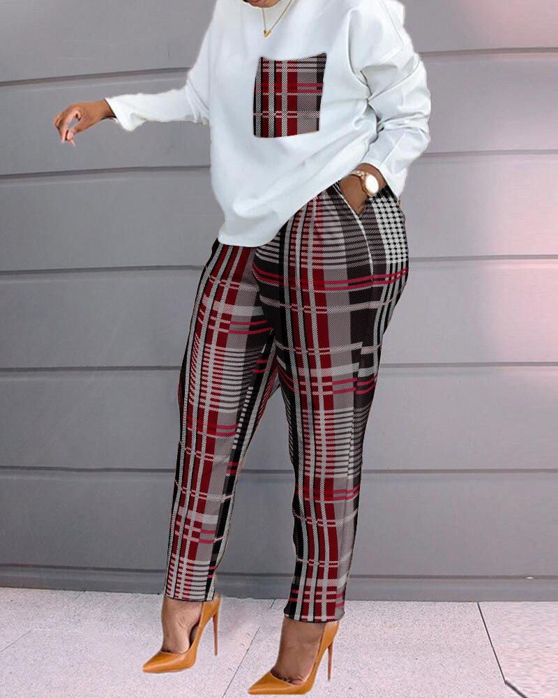 

Plus Size Plaid Print Long Sleeve Top & Pants Set, Wine red