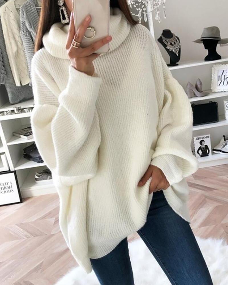 

High Neck Lantern Sleeve Sweater, White