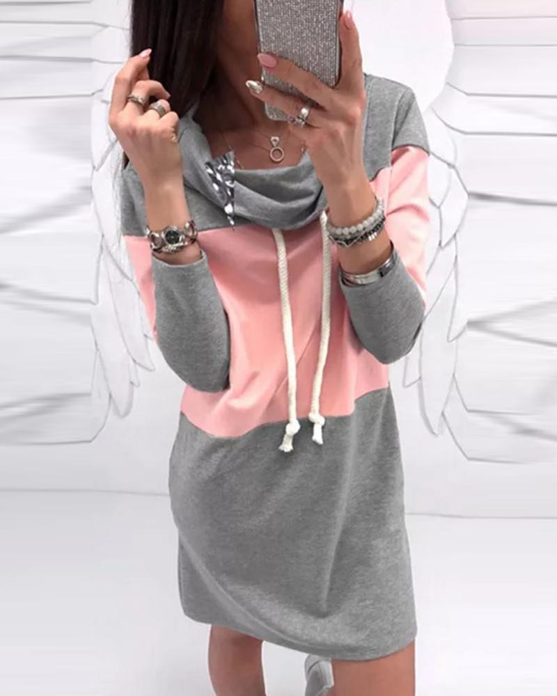 

Drawstring Colorblock Long Sleeve Dress, Gray