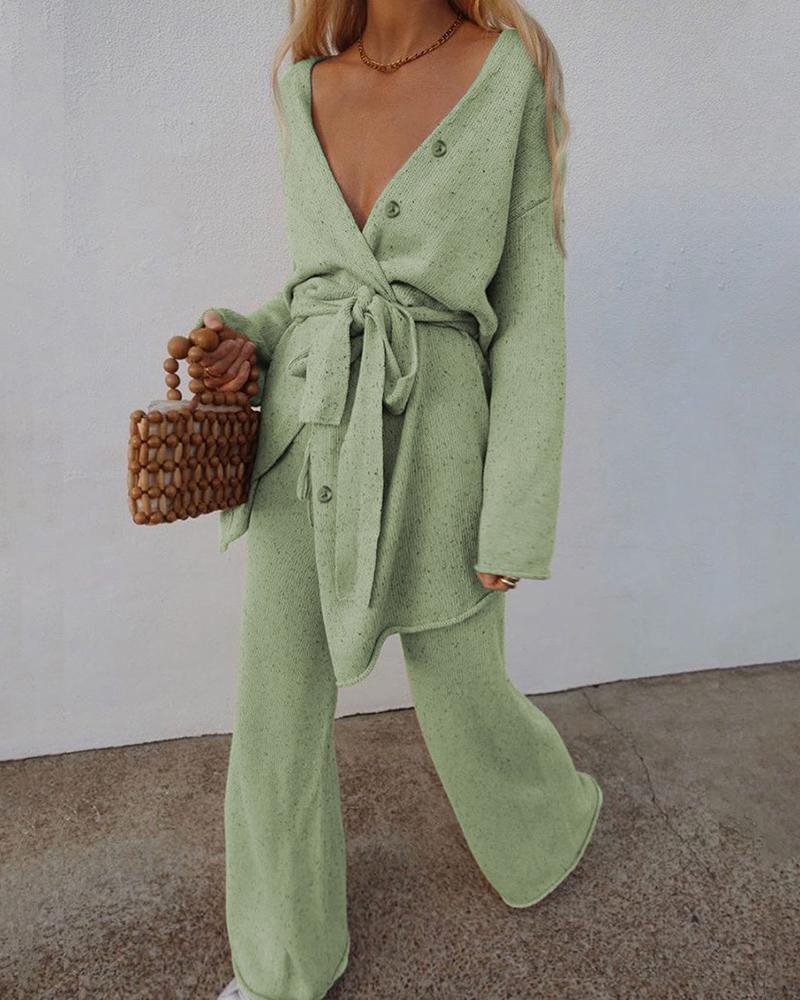 

Buttoned Knit Cardigan & Wide Leg Pants Set, Green