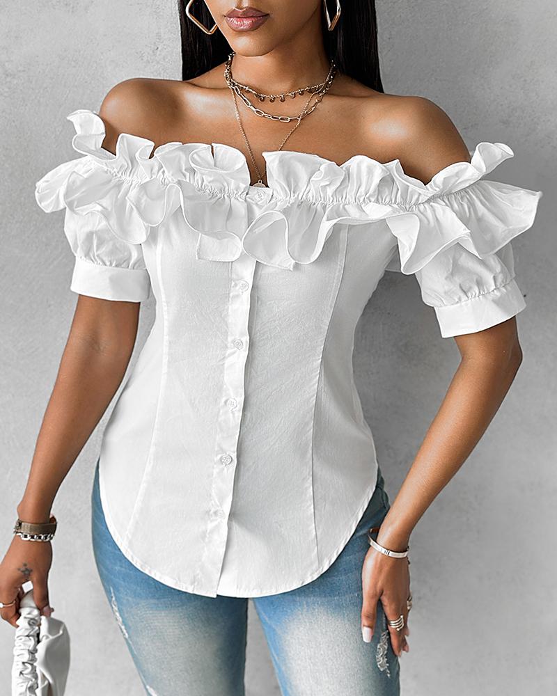 

Buttoned Ruffles Asymmetrical Hem Top, White