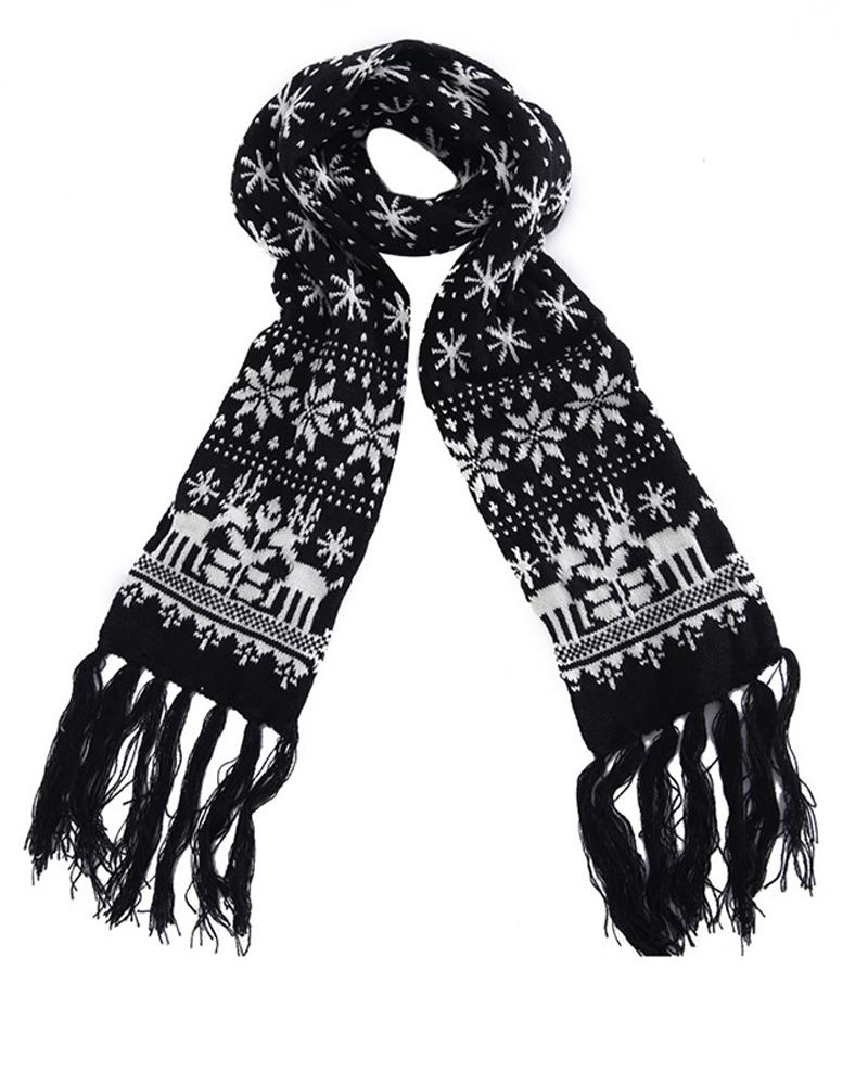 

Christmas Mixed Print Fringe Hem Scarf, Black