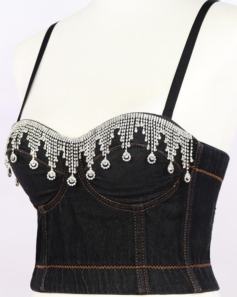 

Rhinestone Tassel Decor Denim Cami Top, Black