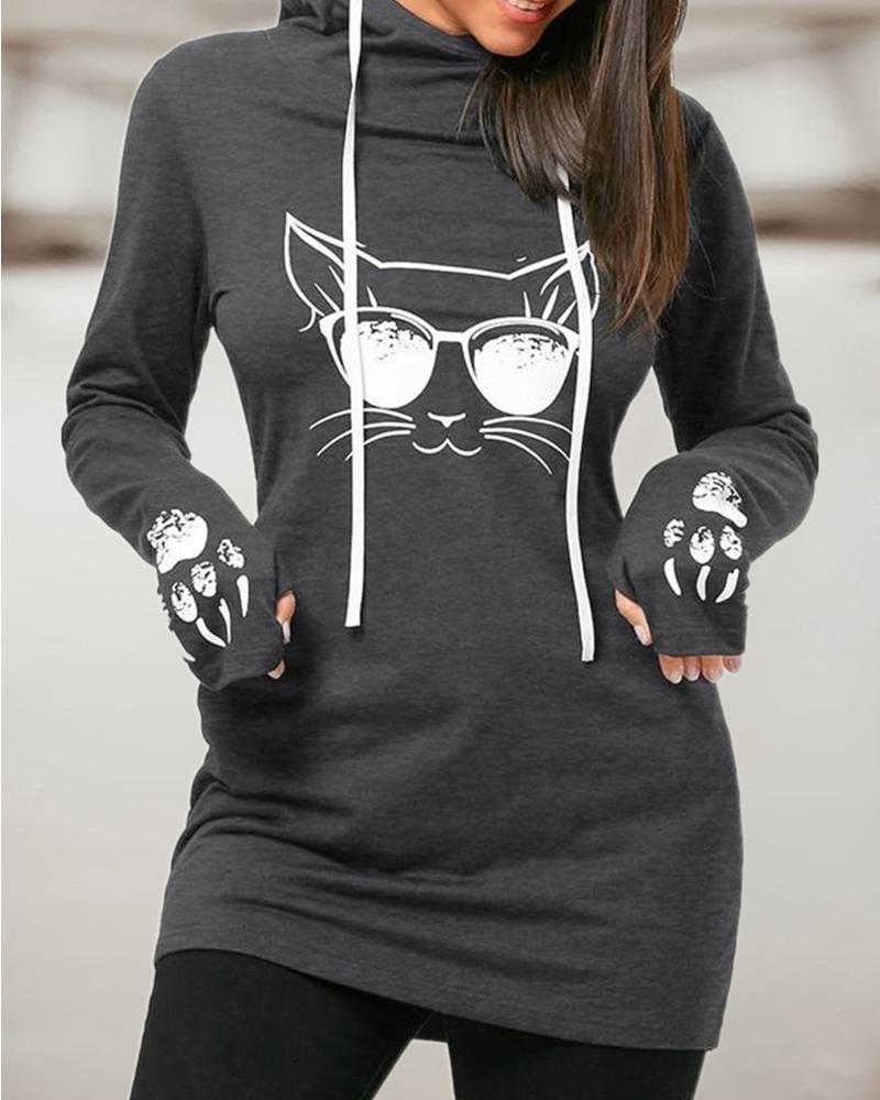 

Cat Print Long Sleeve Hooded Sweatshirt, Dark grey