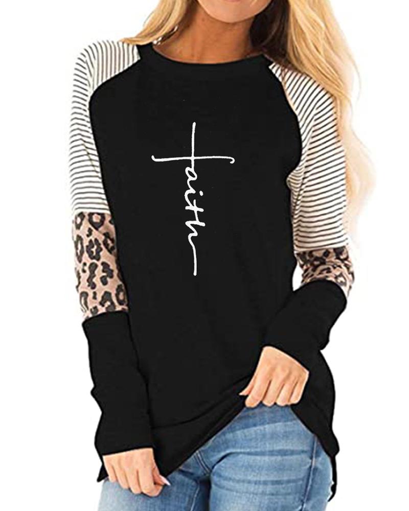

Letter Print Colorblock Long Sleeve Top, Black