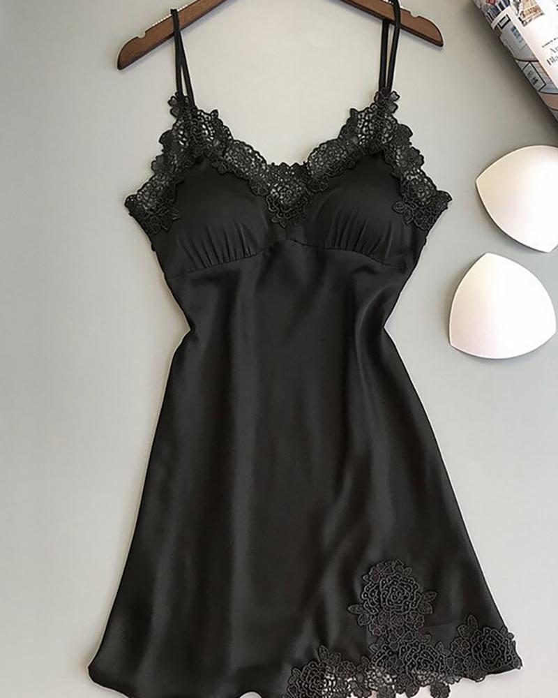 

Satin Spaghetti Strap Guipure Lace Patch Night Dress, Black