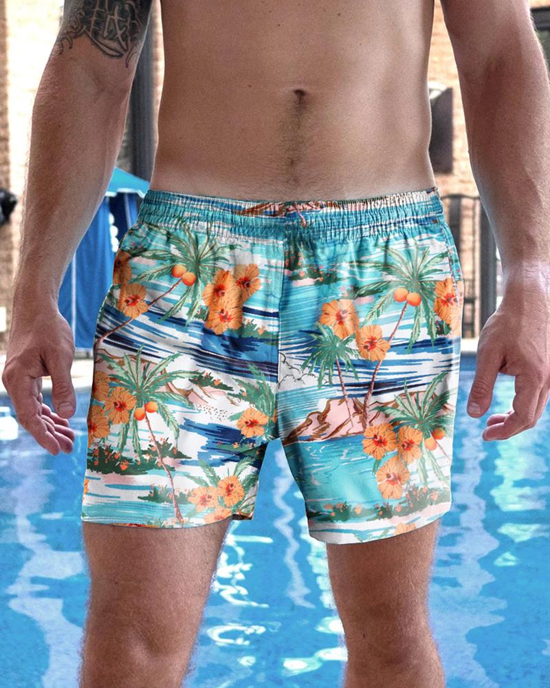 

Beach Coconut Tree Print Straight Loose Short Pants, Multicolor