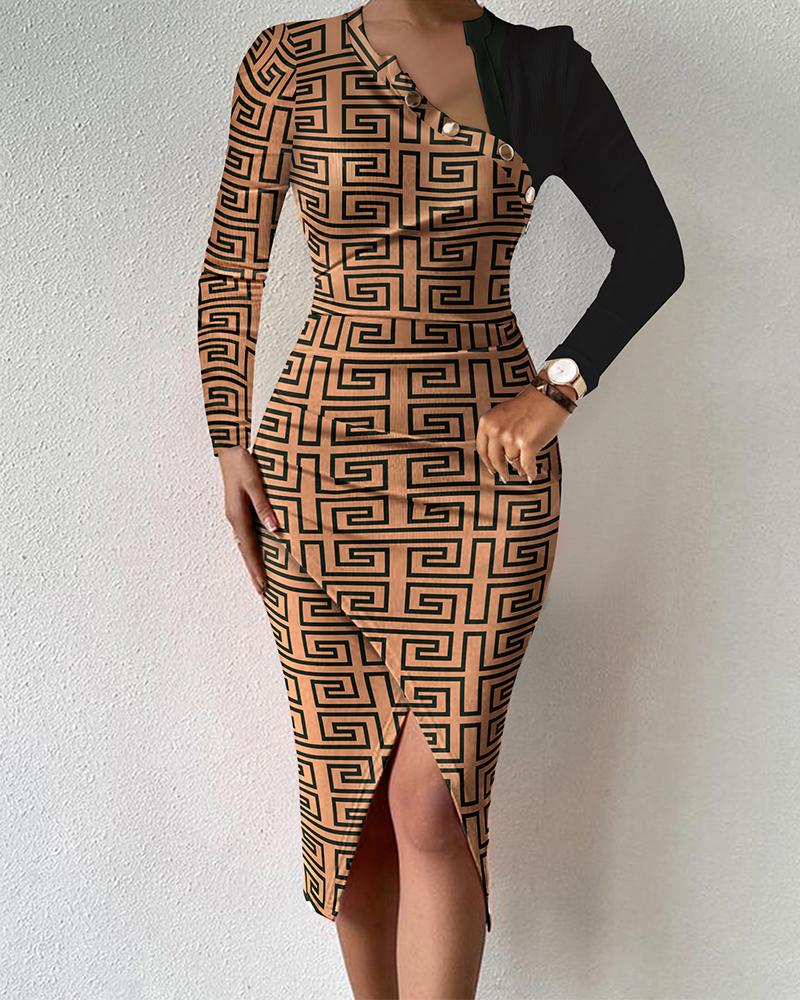 

Geometric Print Long Sleeve Bodycon Dress, Brown