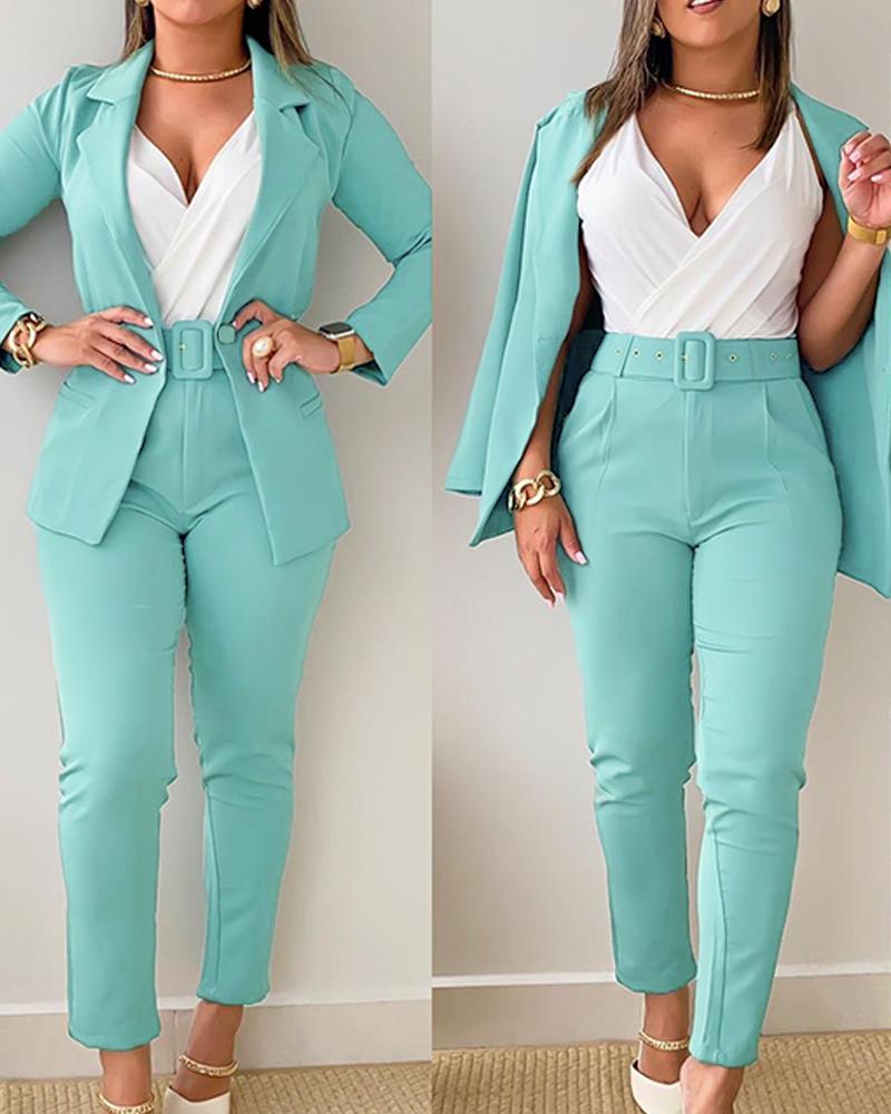 

Turn-down Collar Buttoned Blazer Coat & Belted Pants Set, Green