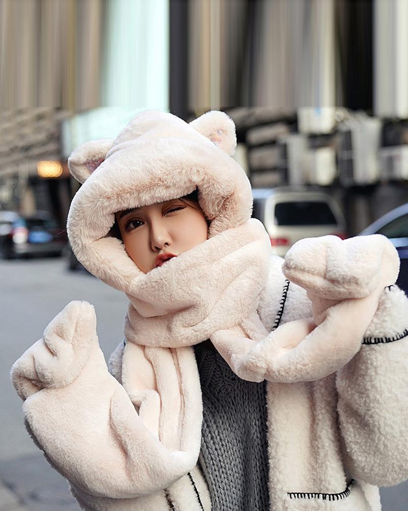 

3D Ear Fluffy 3 In 1 Hat With Scarf & Gloves, Beige