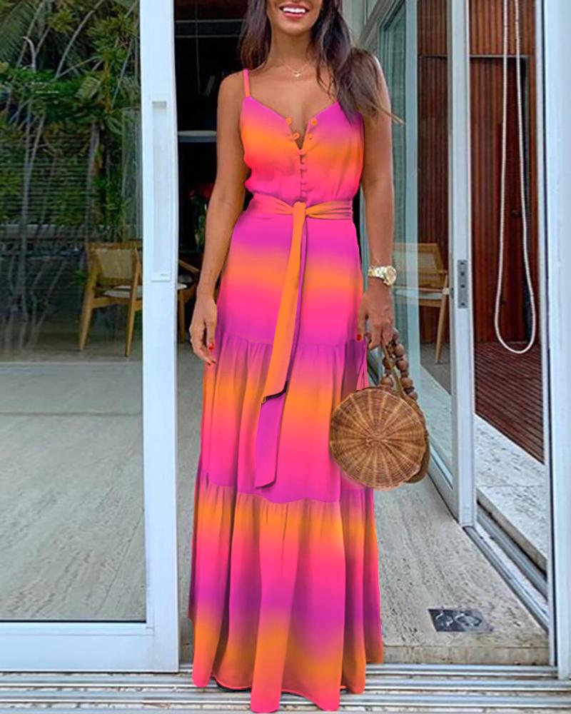 

Gradient Color Tie Dye Print Plunge Maxi Dress, Multicolor
