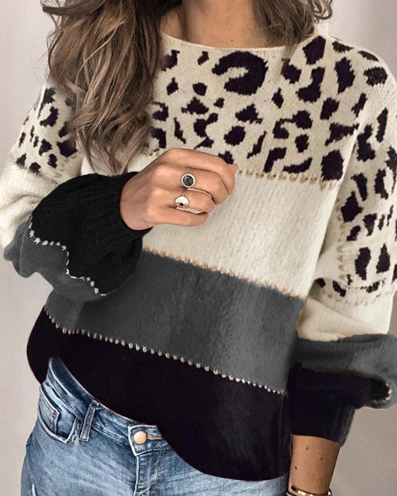 

Contrast Leopard Colorblock Long Sleeve Sweater, Gray