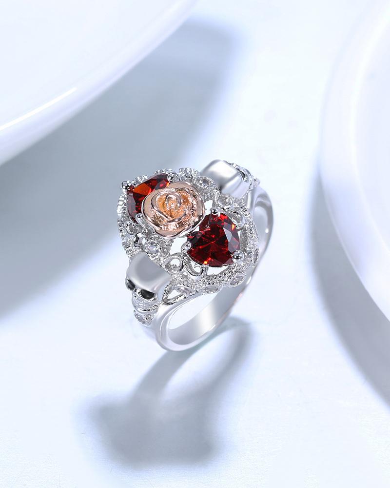 

1pc Zircon Heart Decor Halloween Skull Shaped Ring, Silver