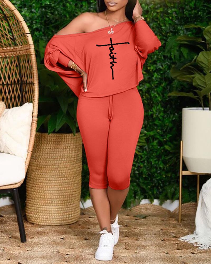 

Letter Print Batwing Sleeve Top & High Waist Pants Set, Orange