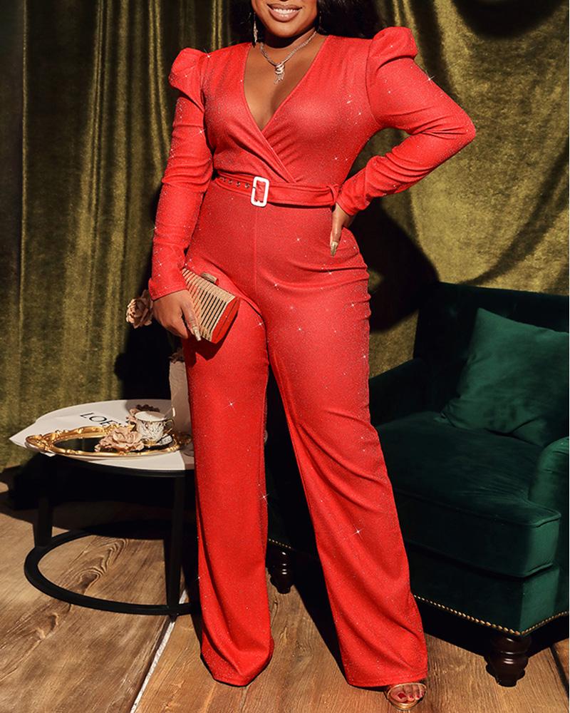

Puff Sleeve Plunge Wide Leg Glitter Jumpsuit With Belt, Red
