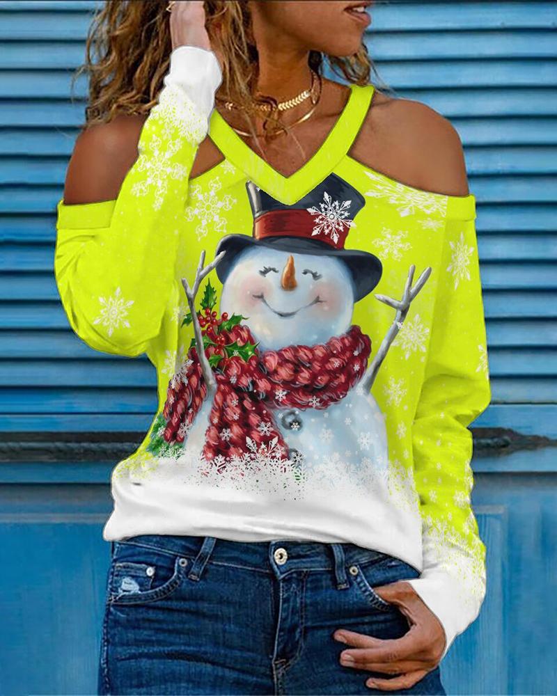 

Christmas Cold Shoulder Snowflake Snowman Print Top, Yellow