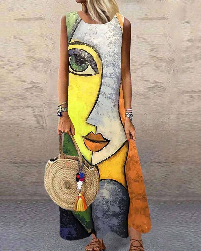 

Figure Print Casual Maxi Dress, Yellow