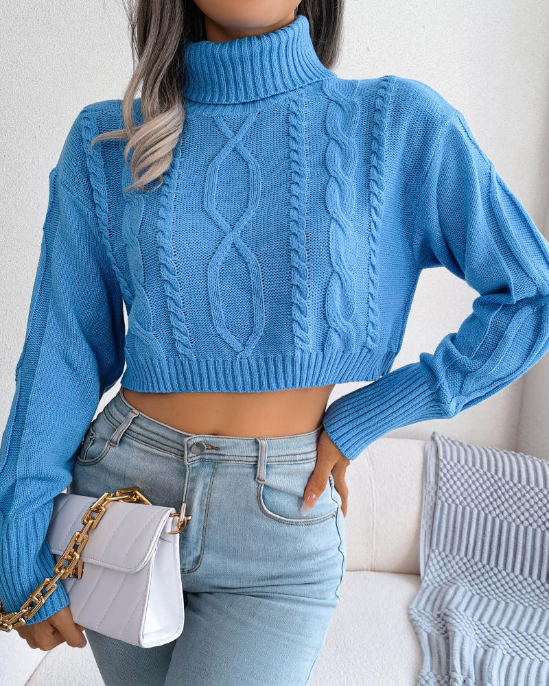 

High Neck Crop Cable Knit Sweater, Blue