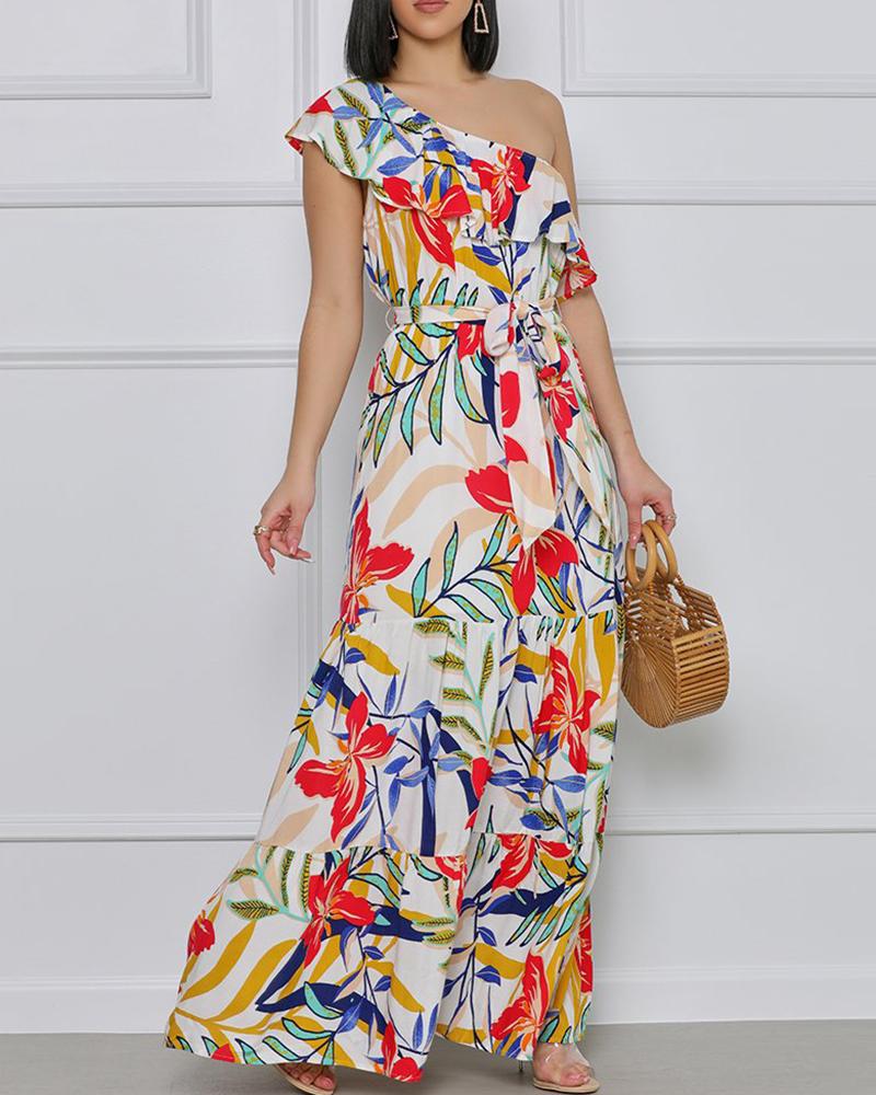 

Floral Print One Shoulder Ruffles Trim Maxi Dress With Belt, Multicolor