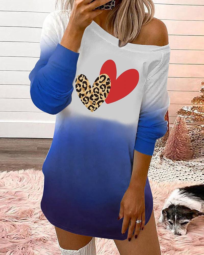 

Valentine' Day Long Sleeve Heart Cheetah Print Colorblock Top, Blue