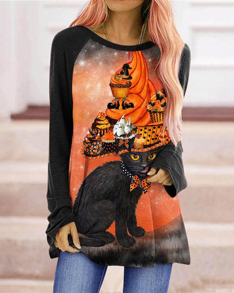 

Halloween Graphic Cat Print Long Sleeve Top, Black